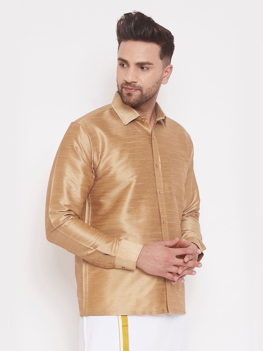 Vastramay Men's And Boys Rose Gold Solid Silk Blend Full Sleeve Ethnic Shirt