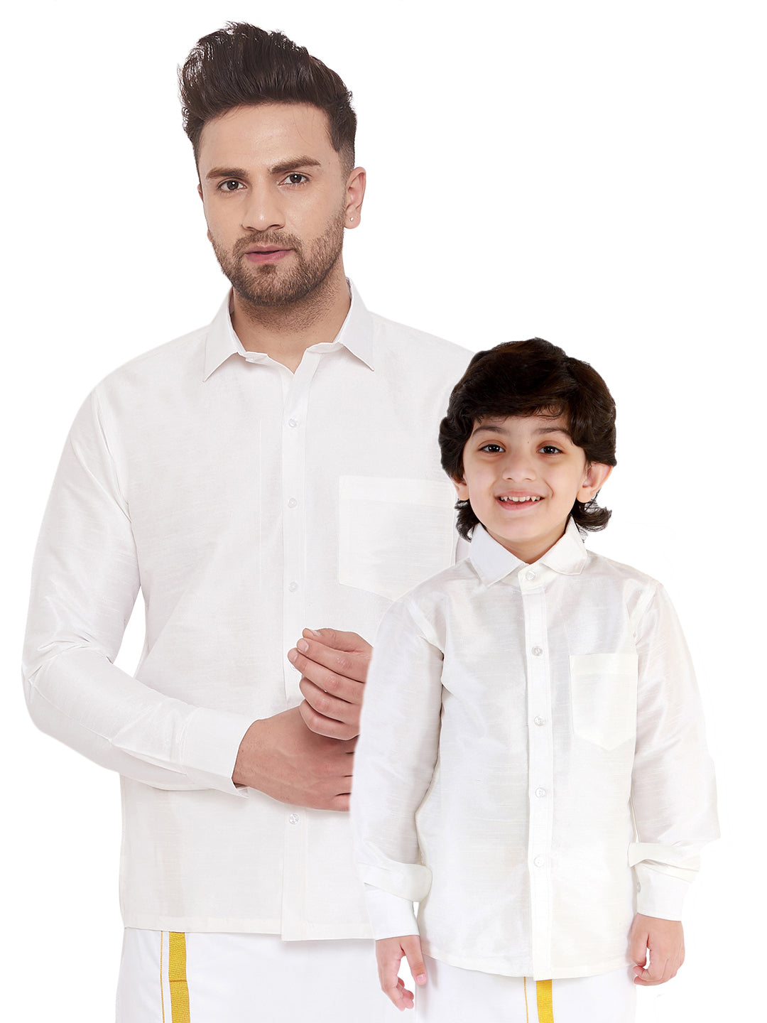 Vastramay Men's And Boys White Solid Silk Blend Full Sleeve Ethnic Shirt