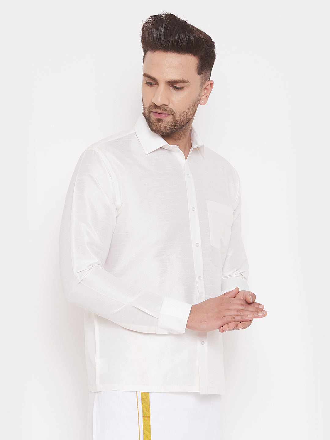 Vastramay Men's And Boys White Solid Silk Blend Full Sleeve Ethnic Shirt