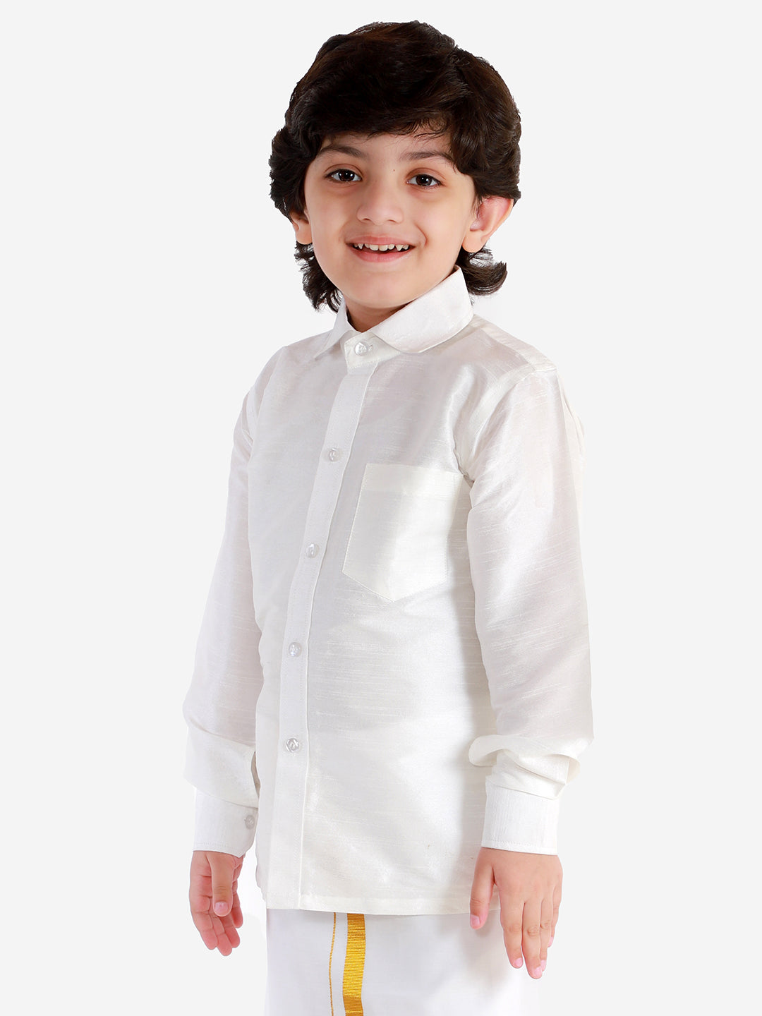 Vastramay Men's And Boys White Solid Silk Blend Full Sleeve Ethnic Shirt