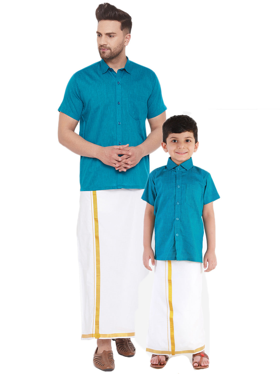 Vastramay Turquoise and White Cotton Blend Baap Beta Ethnic Shirt And Mundu Set