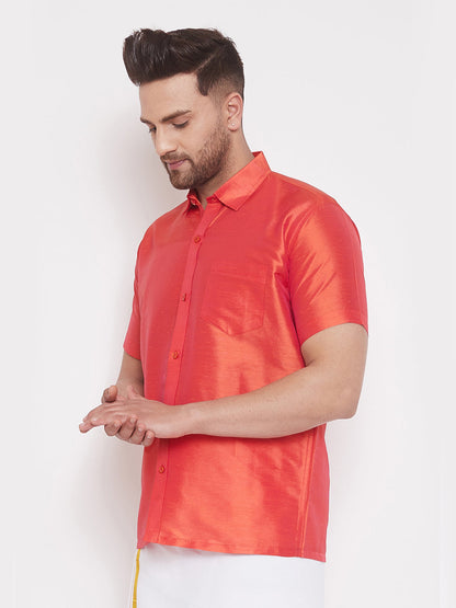 Vastramay Men's And Boys Red Solid Silk Blend Half Sleeve Ethnic Shirt