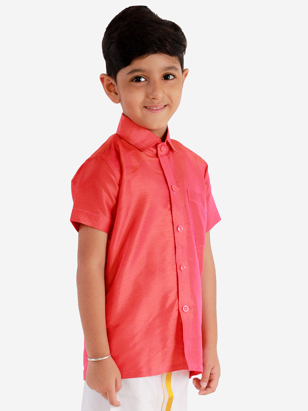 Vastramay Men's And Boys Red Solid Silk Blend Half Sleeve Ethnic Shirt