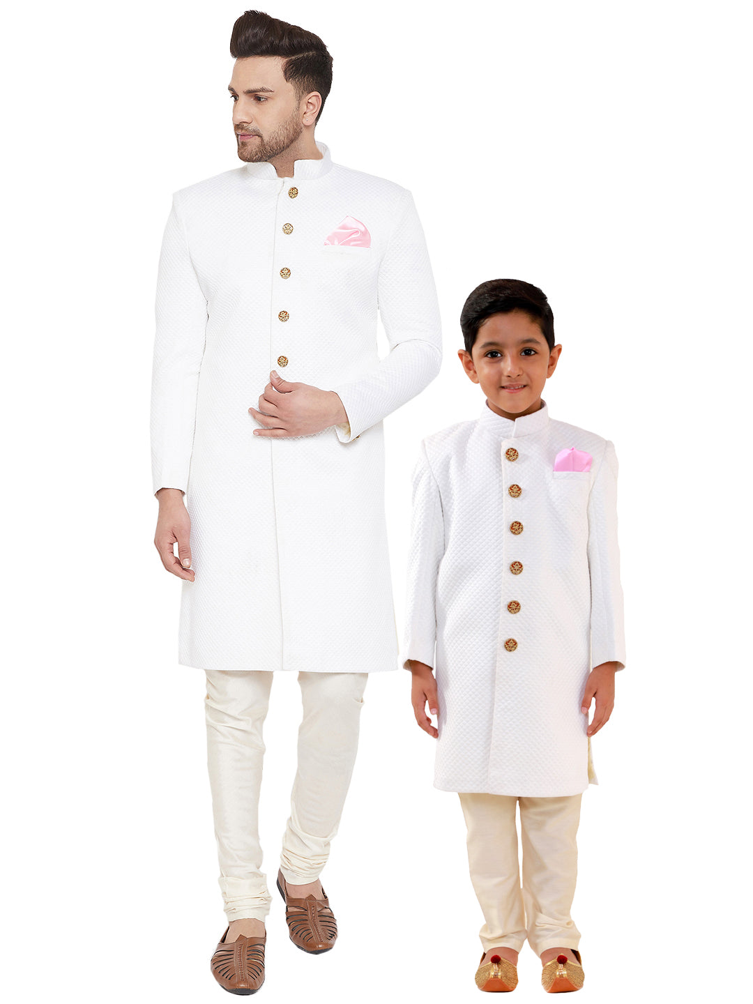 Vastramay White And Cream Baap Beta Sherwani Set