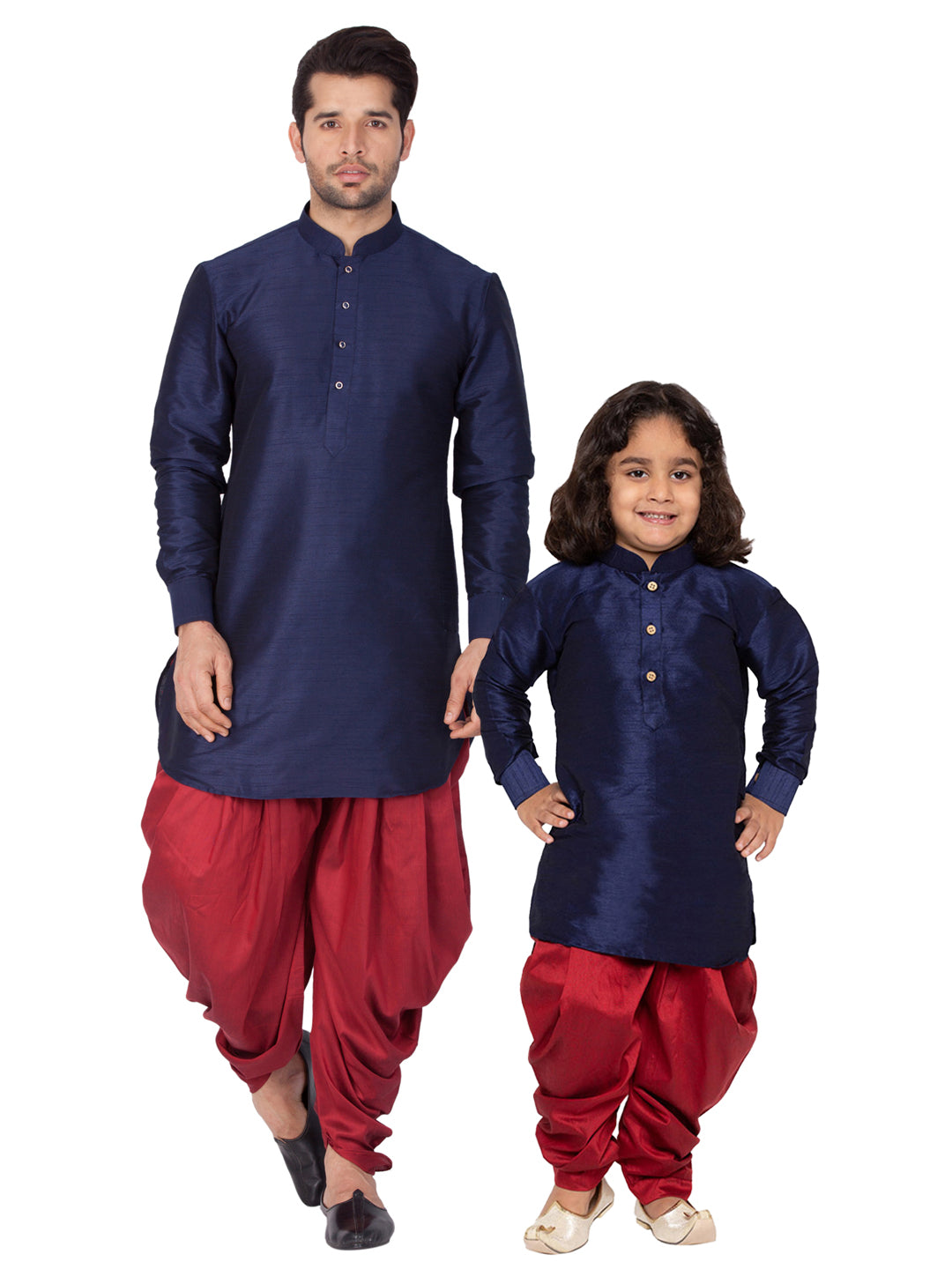 Vastramay Silk Blend Blue And Maroon Baap Beta Dhoti Kurta Set