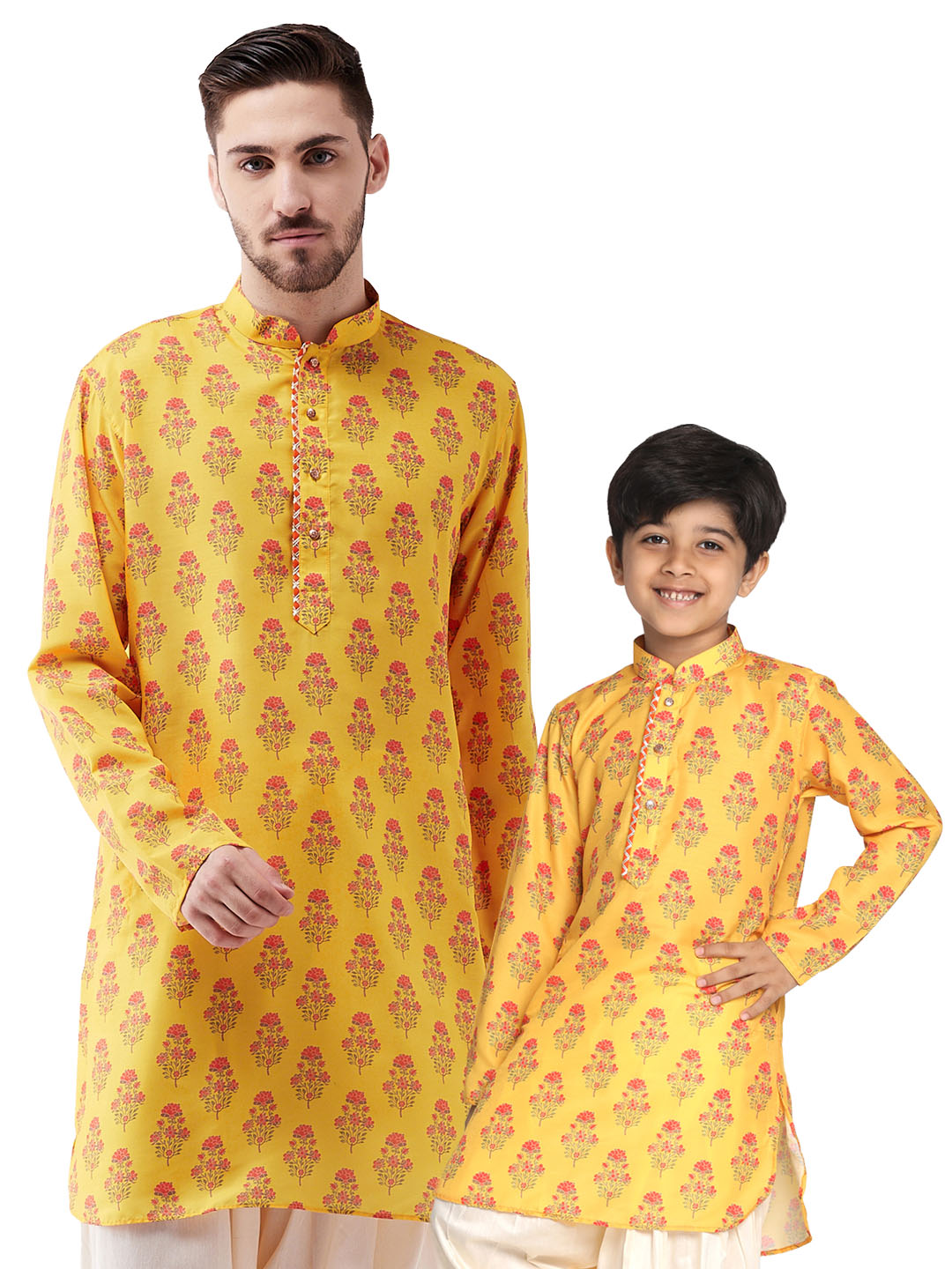 VASTRAMAY Multicolor-Base-Mustard And Cream Baap Beta Kurta