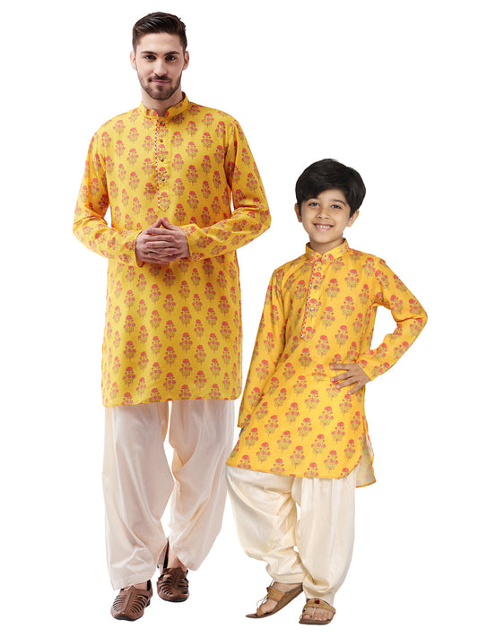 Vastramay Multicolor-Base-Mustard And Cream Baap Beta Kurta And Patiala Set