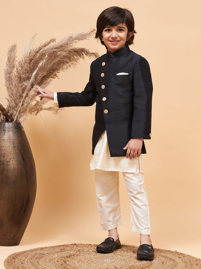 Vastramay boys black indo western jacket with cream kurta and pyjama set