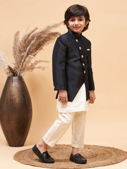 Vastramay boys black indo western jacket with cream kurta and pyjama set