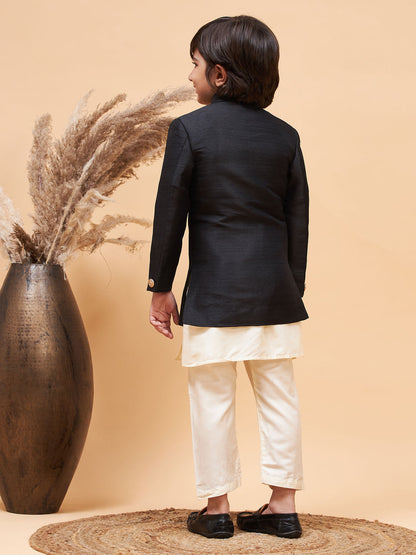 Vastramay boys black indo western jacket with cream kurta and pyjama set