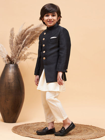 Vastramay boys black indo western jacket with cream kurta and pyjama set