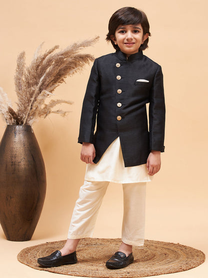 Vastramay boys black indo western jacket with cream kurta and pyjama set