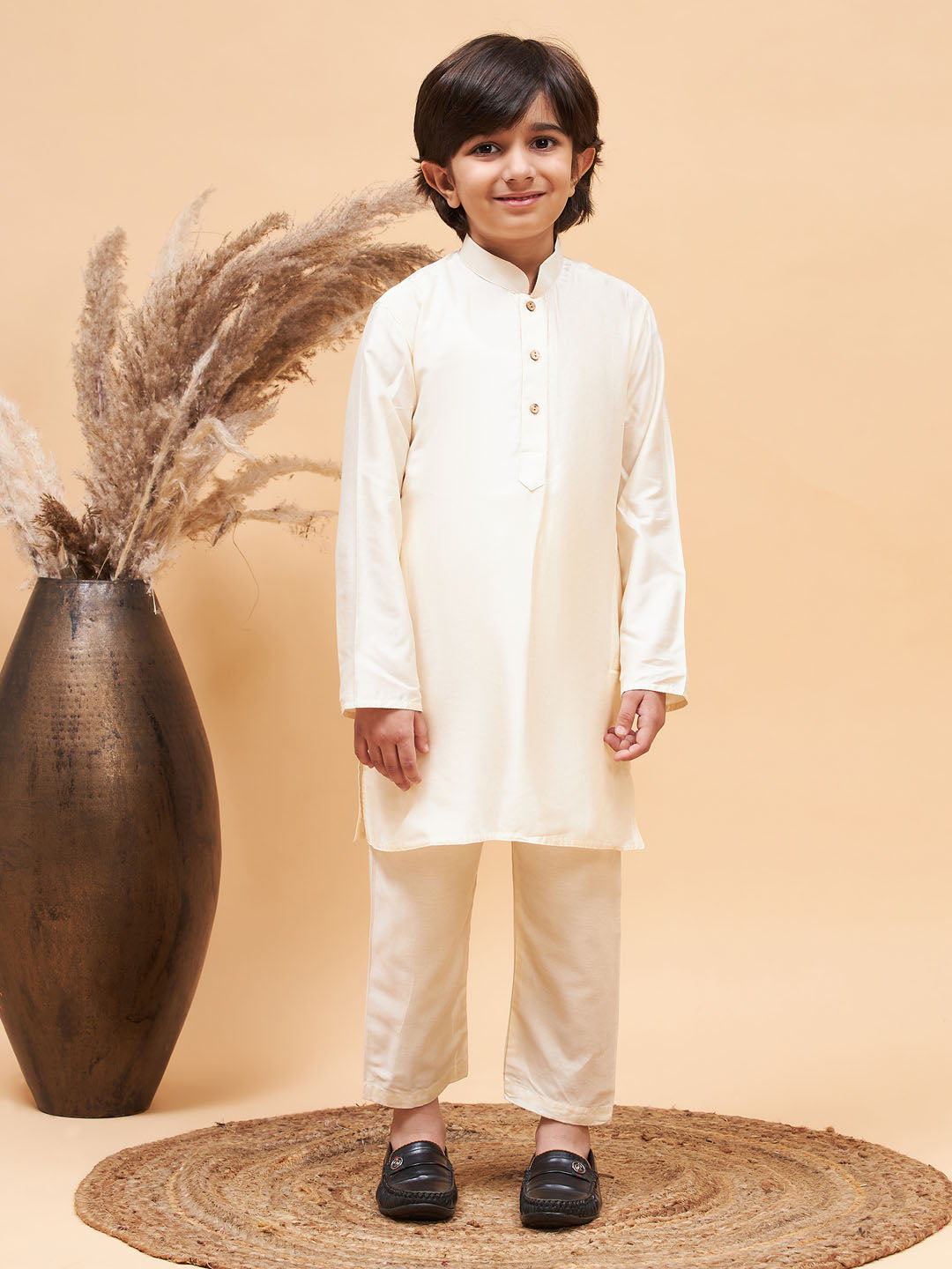 Vastramay boys black indo western jacket with cream kurta and pyjama set