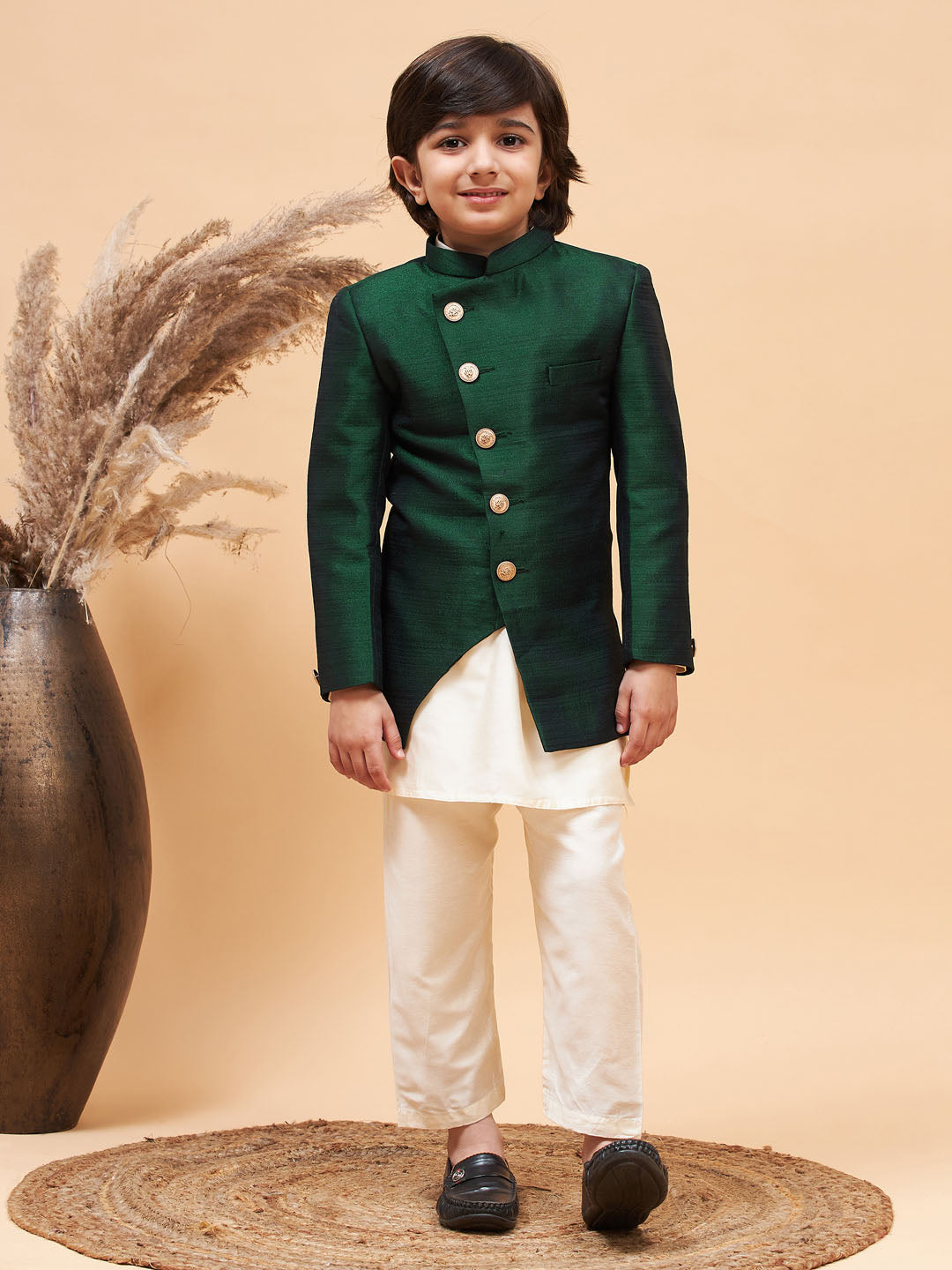 Vastramay boys green indo western jacket with cream kurta and pyjama set