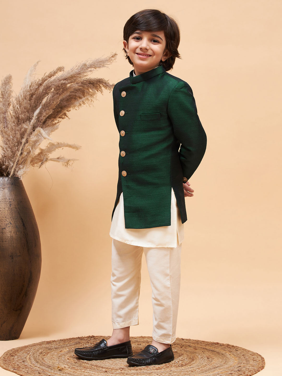 Vastramay boys green indo western jacket with cream kurta and pyjama set