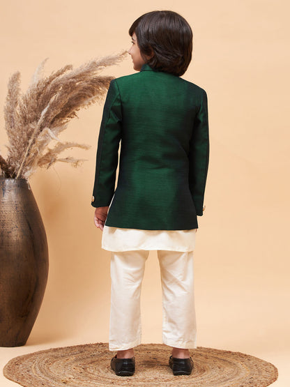 Vastramay boys green indo western jacket with cream kurta and pyjama set