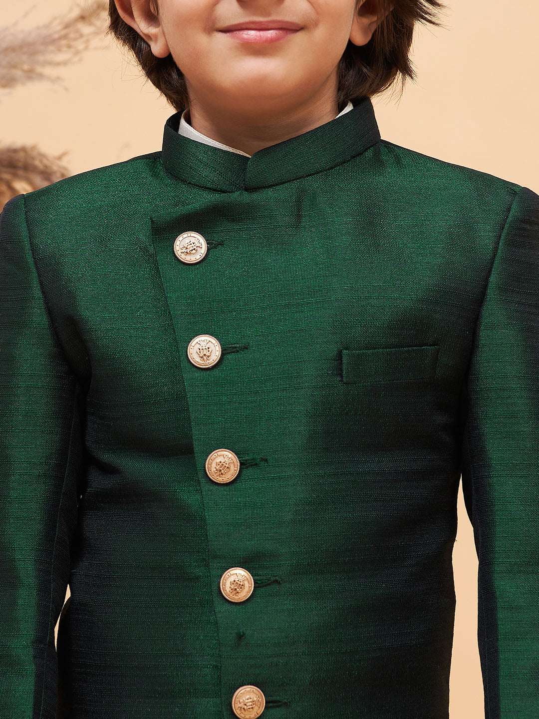 Vastramay boys green indo western jacket with cream kurta and pyjama set