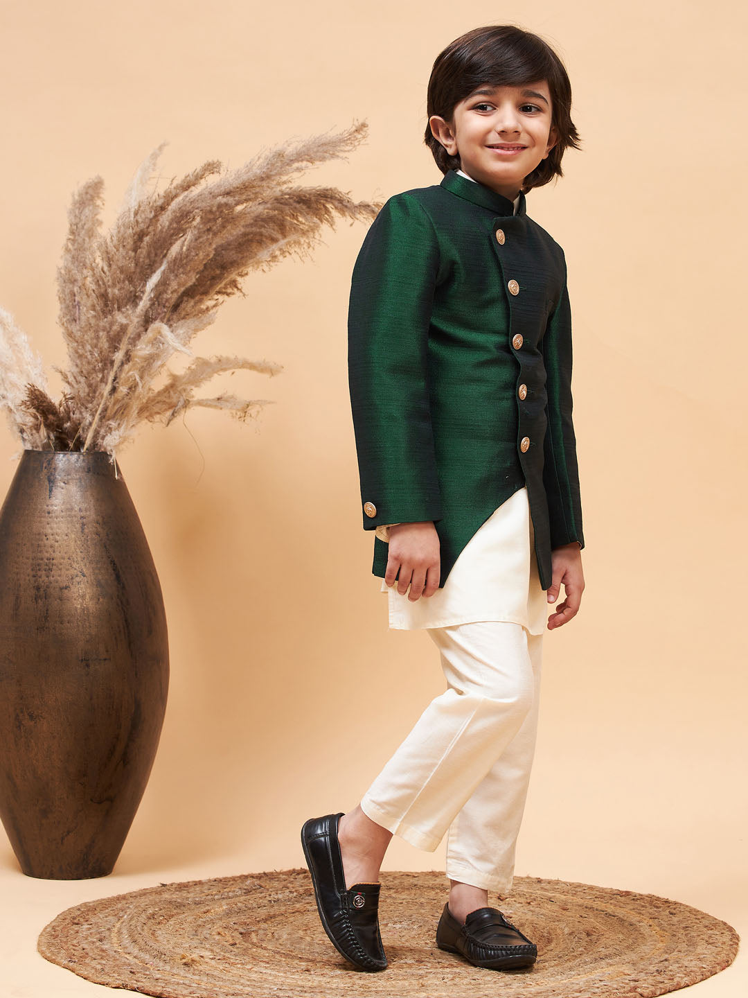 Vastramay boys green indo western jacket with cream kurta and pyjama set