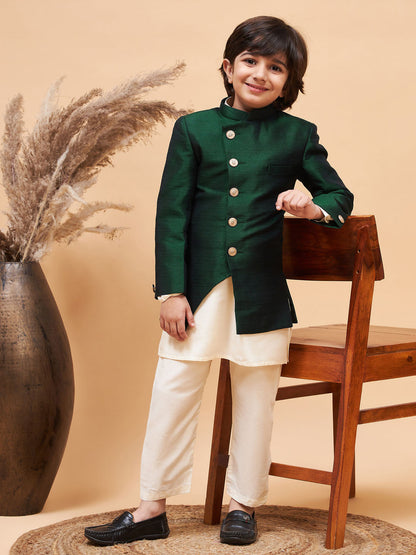 Vastramay boys green indo western jacket with cream kurta and pyjama set