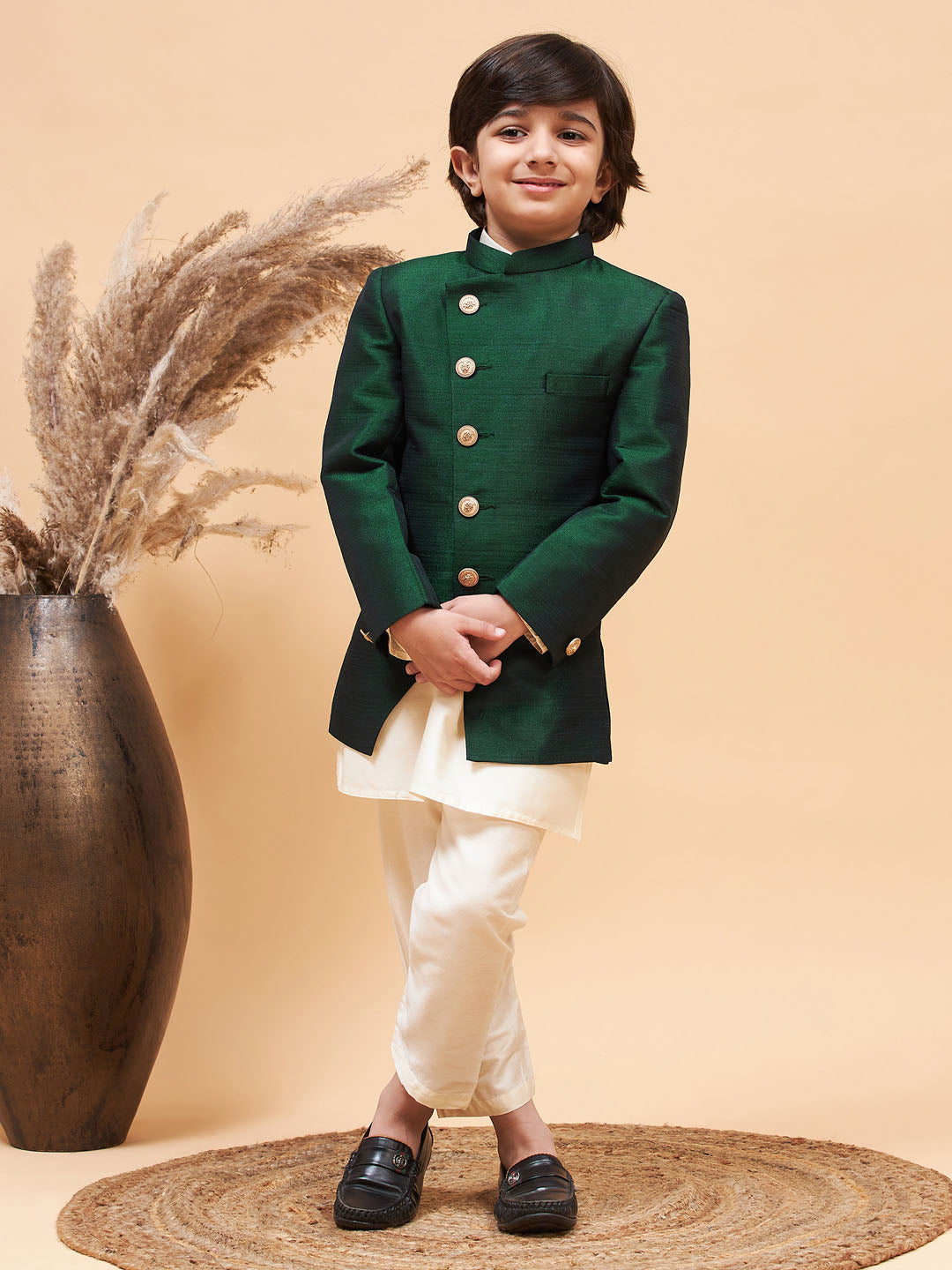 Vastramay boys green indo western jacket with cream kurta and pyjama set