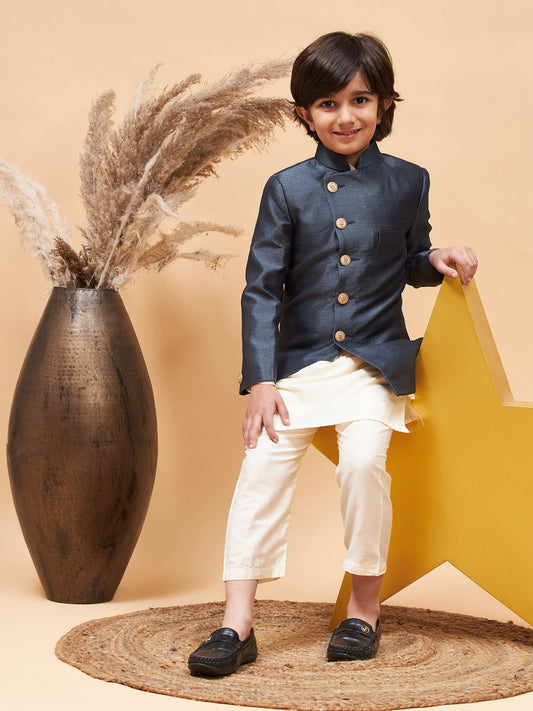 Vastramay boys grey indo western jacket with cream kurta and pyjama set