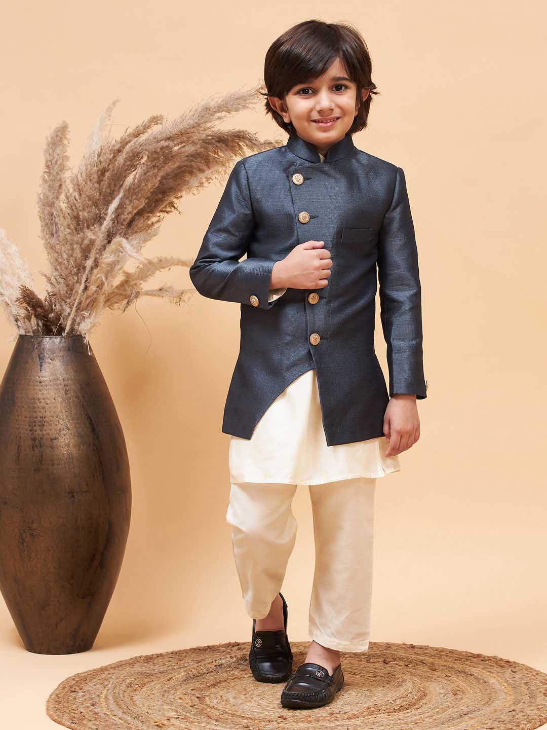 Vastramay boys grey indo western jacket with cream kurta and pyjama set