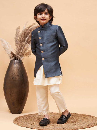 Vastramay boys grey indo western jacket with cream kurta and pyjama set