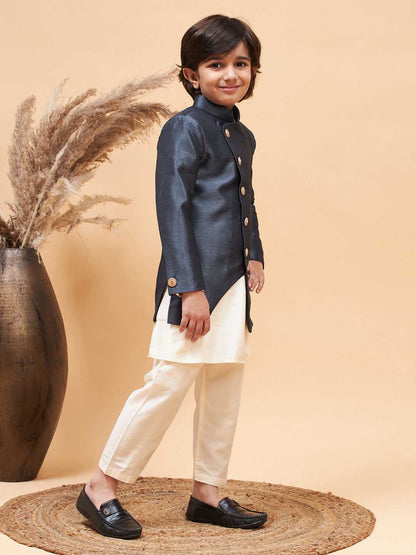 Vastramay boys grey indo western jacket with cream kurta and pyjama set