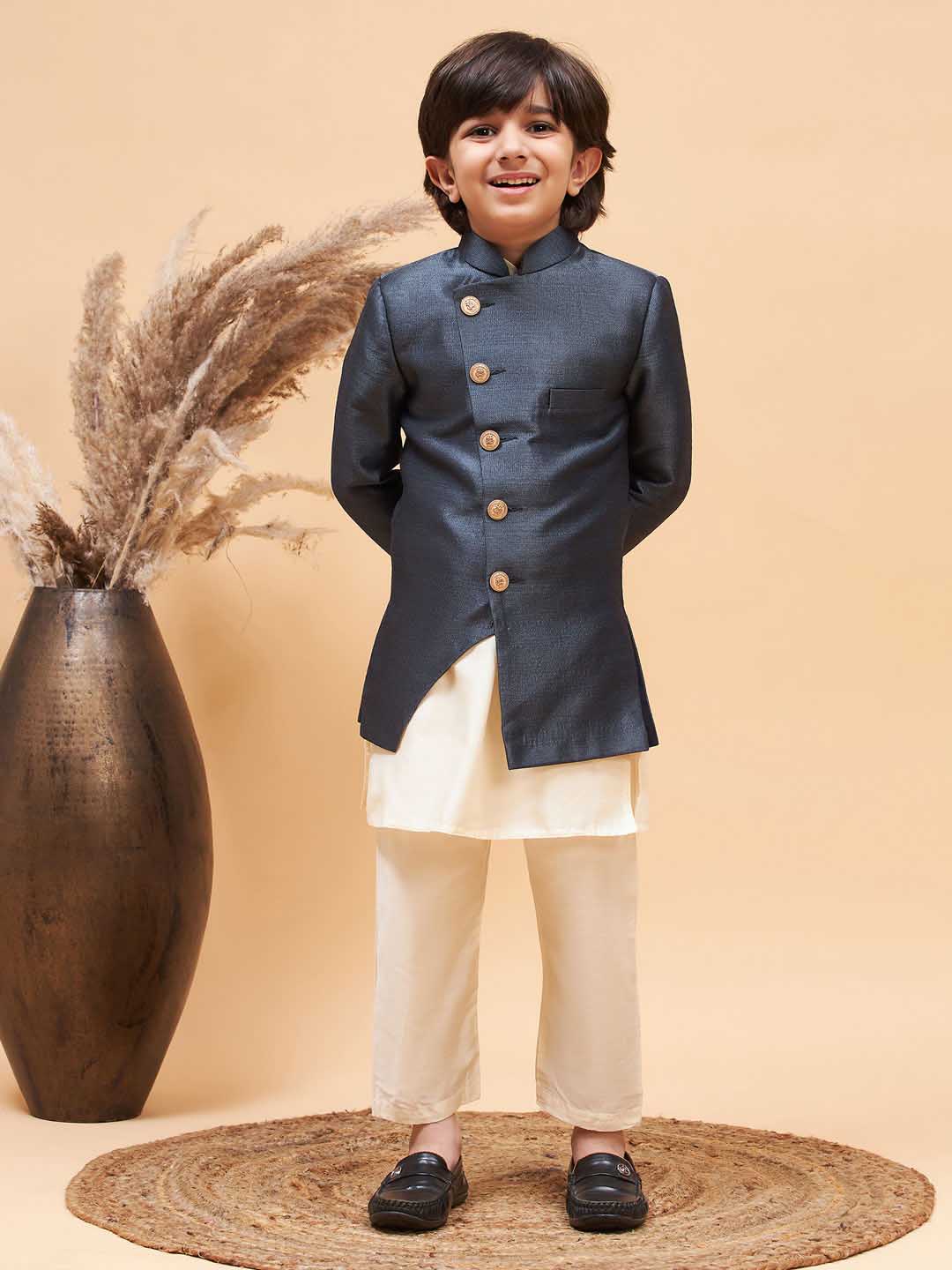 Vastramay boys grey indo western jacket with cream kurta and pyjama set