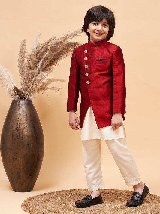 Vastramay boys maroon indo western jacket with cream kurta and pyjama set