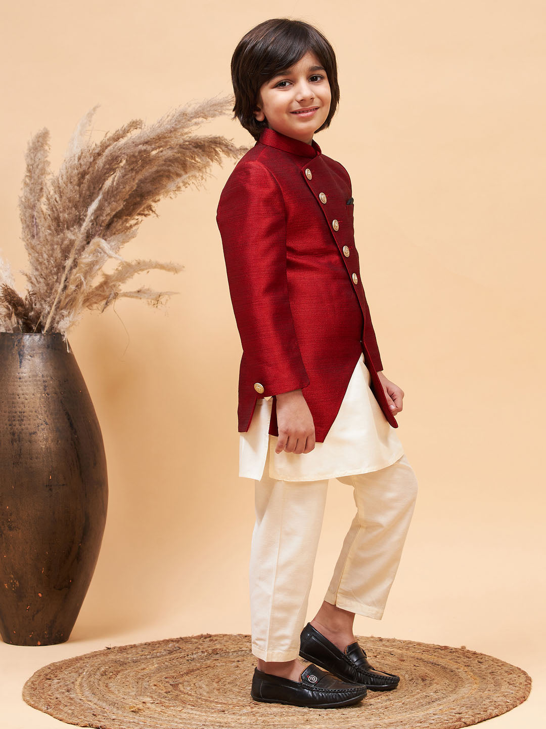 Vastramay boys maroon indo western jacket with cream kurta and pyjama set