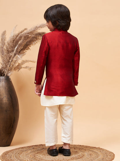 Vastramay boys maroon indo western jacket with cream kurta and pyjama set