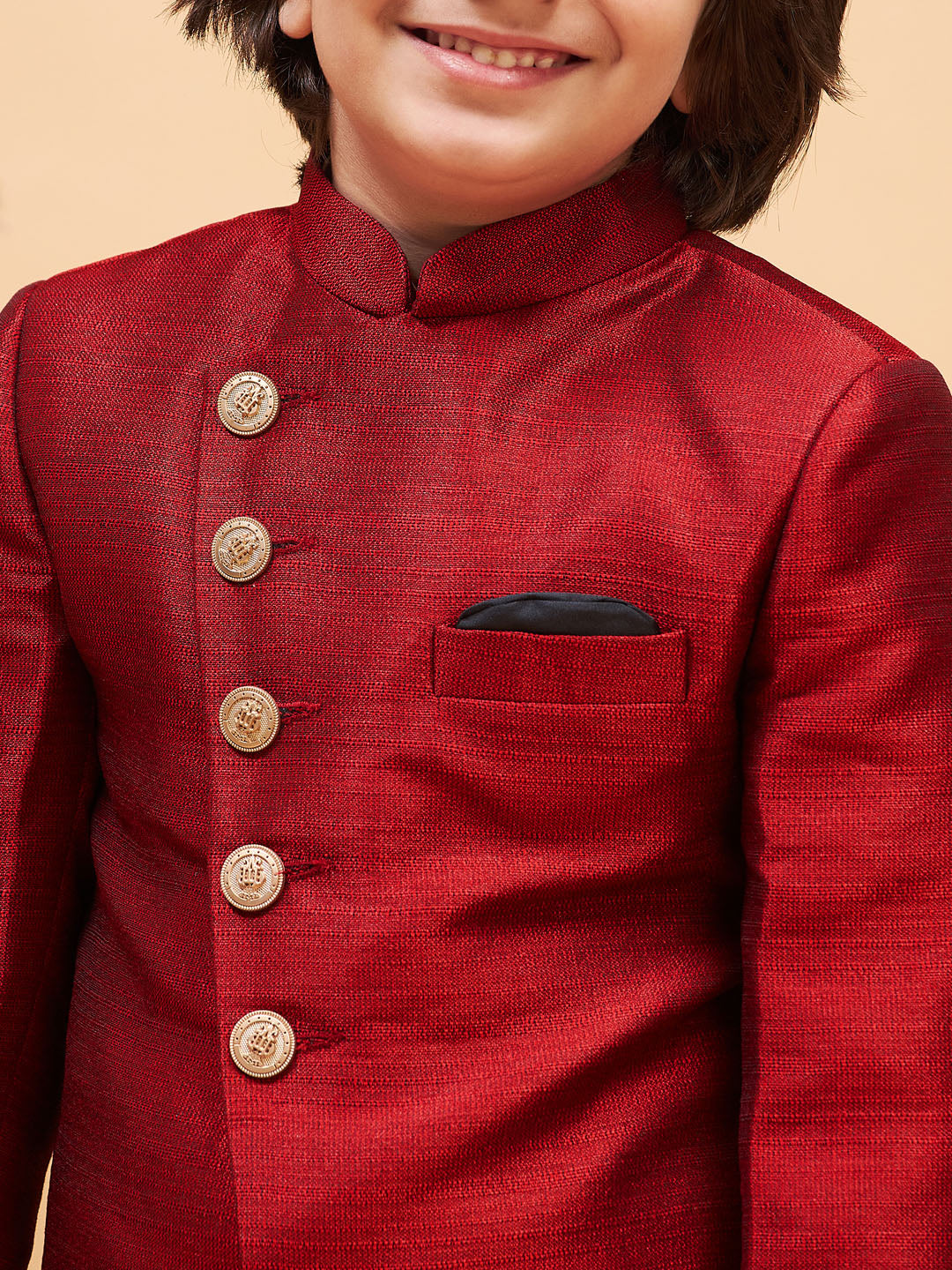 Vastramay boys maroon indo western jacket with cream kurta and pyjama set