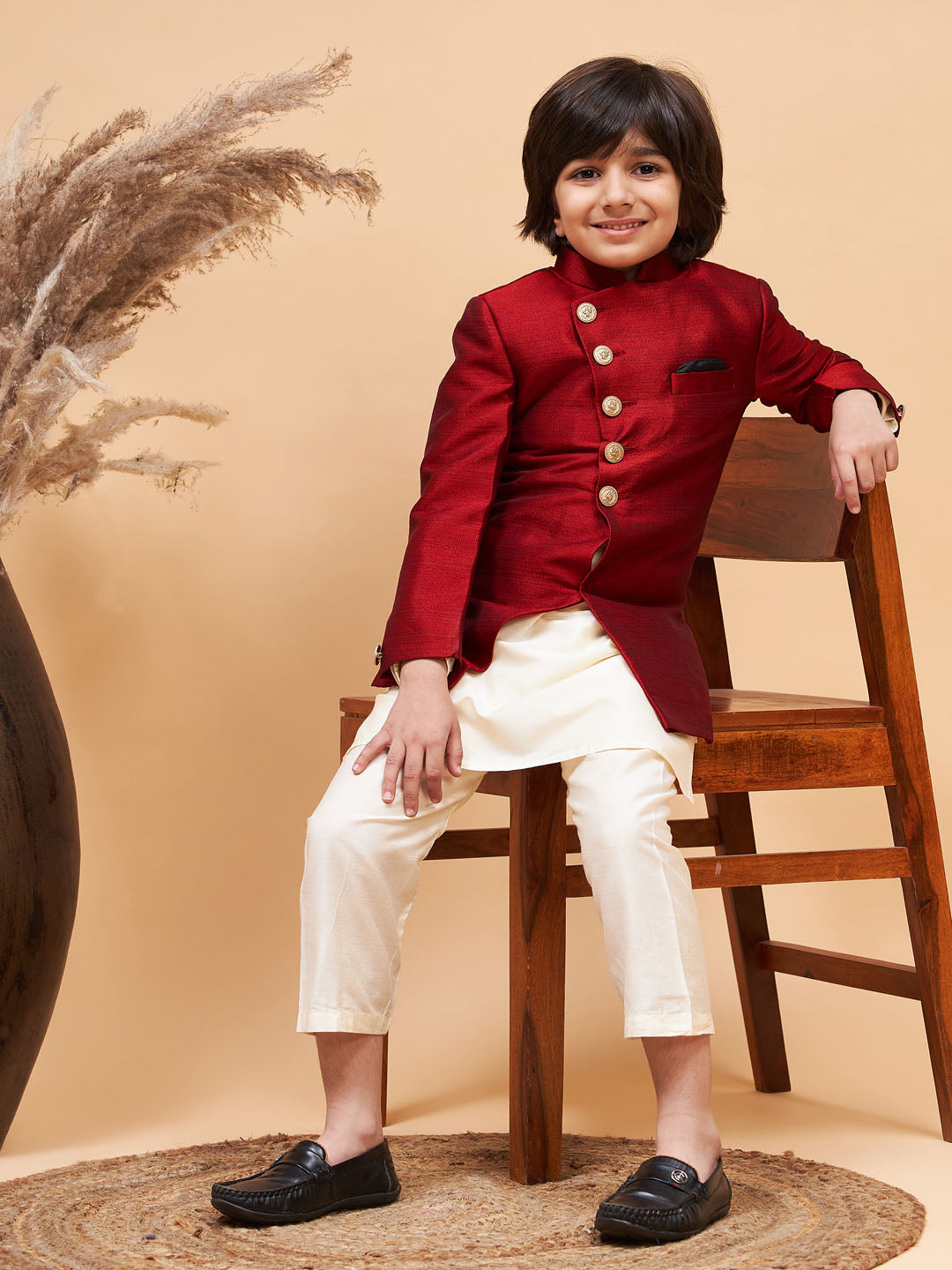 Vastramay boys maroon indo western jacket with cream kurta and pyjama set