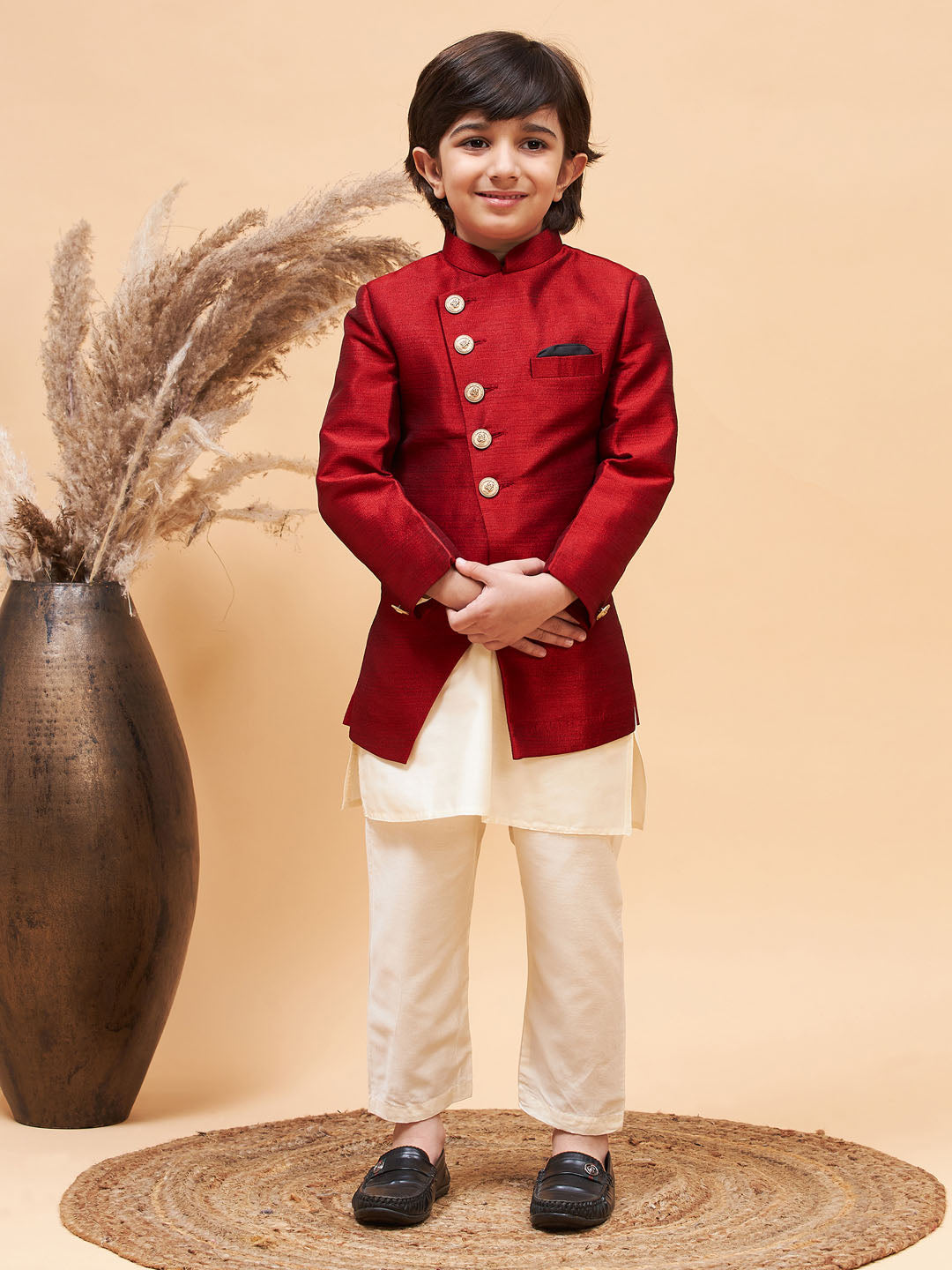 Vastramay boys maroon indo western jacket with cream kurta and pyjama set