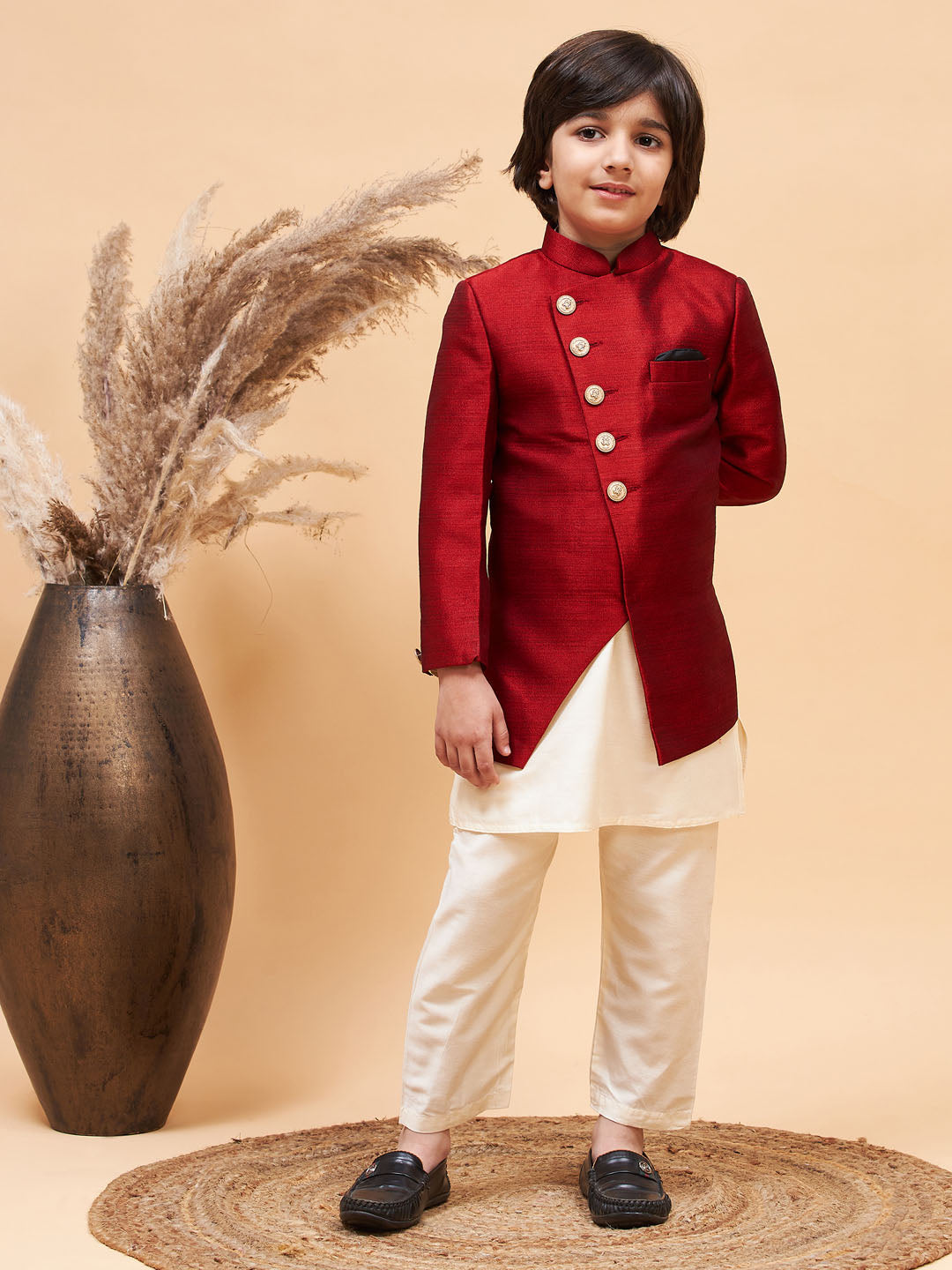 Vastramay boys maroon indo western jacket with cream kurta and pyjama set