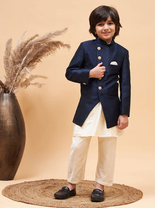 Vastramay boys navy blue indo western jacket with cream kurta and pyjama set