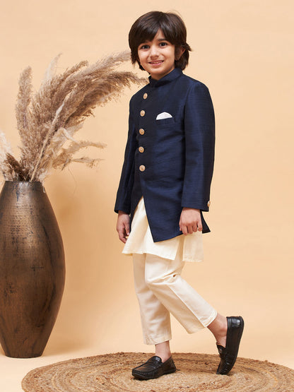 Vastramay boys navy blue indo western jacket with cream kurta and pyjama set