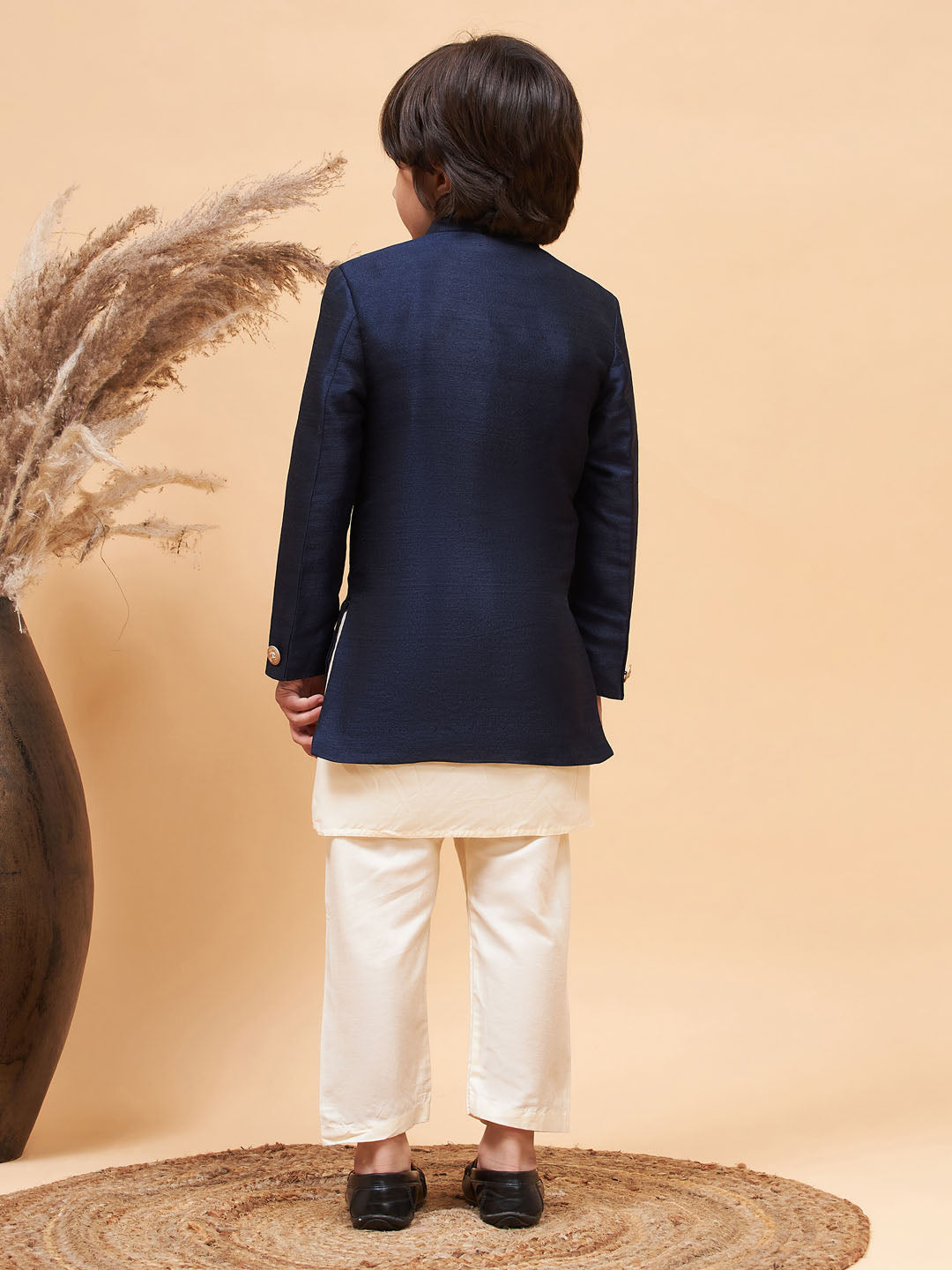 Vastramay boys navy blue indo western jacket with cream kurta and pyjama set