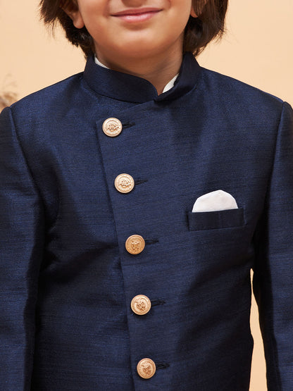 Vastramay boys navy blue indo western jacket with cream kurta and pyjama set