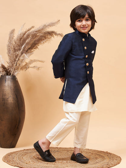 Vastramay boys navy blue indo western jacket with cream kurta and pyjama set