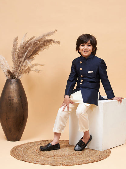 Vastramay boys navy blue indo western jacket with cream kurta and pyjama set