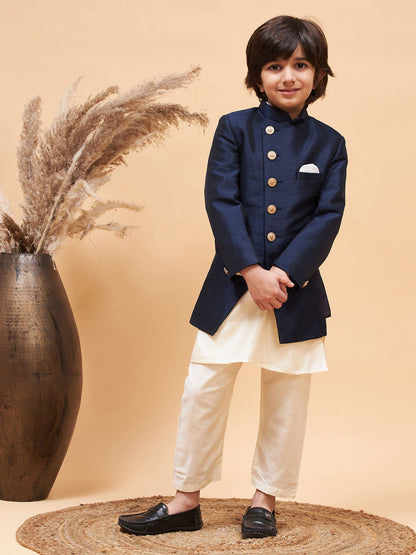 Vastramay boys navy blue indo western jacket with cream kurta and pyjama set