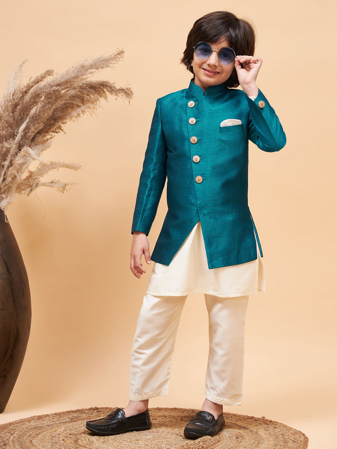 Vastramay boys turquoise indo western jacket with cream kurta and pyjama set