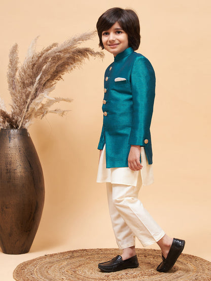 Vastramay boys turquoise indo western jacket with cream kurta and pyjama set