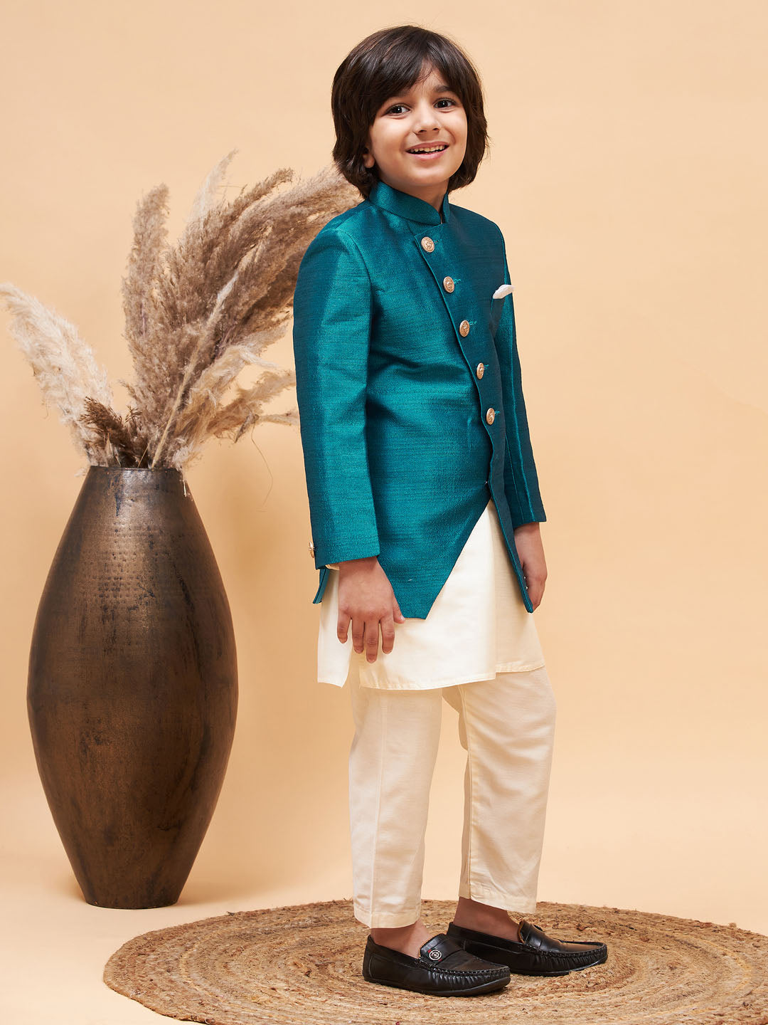 Vastramay boys turquoise indo western jacket with cream kurta and pyjama set