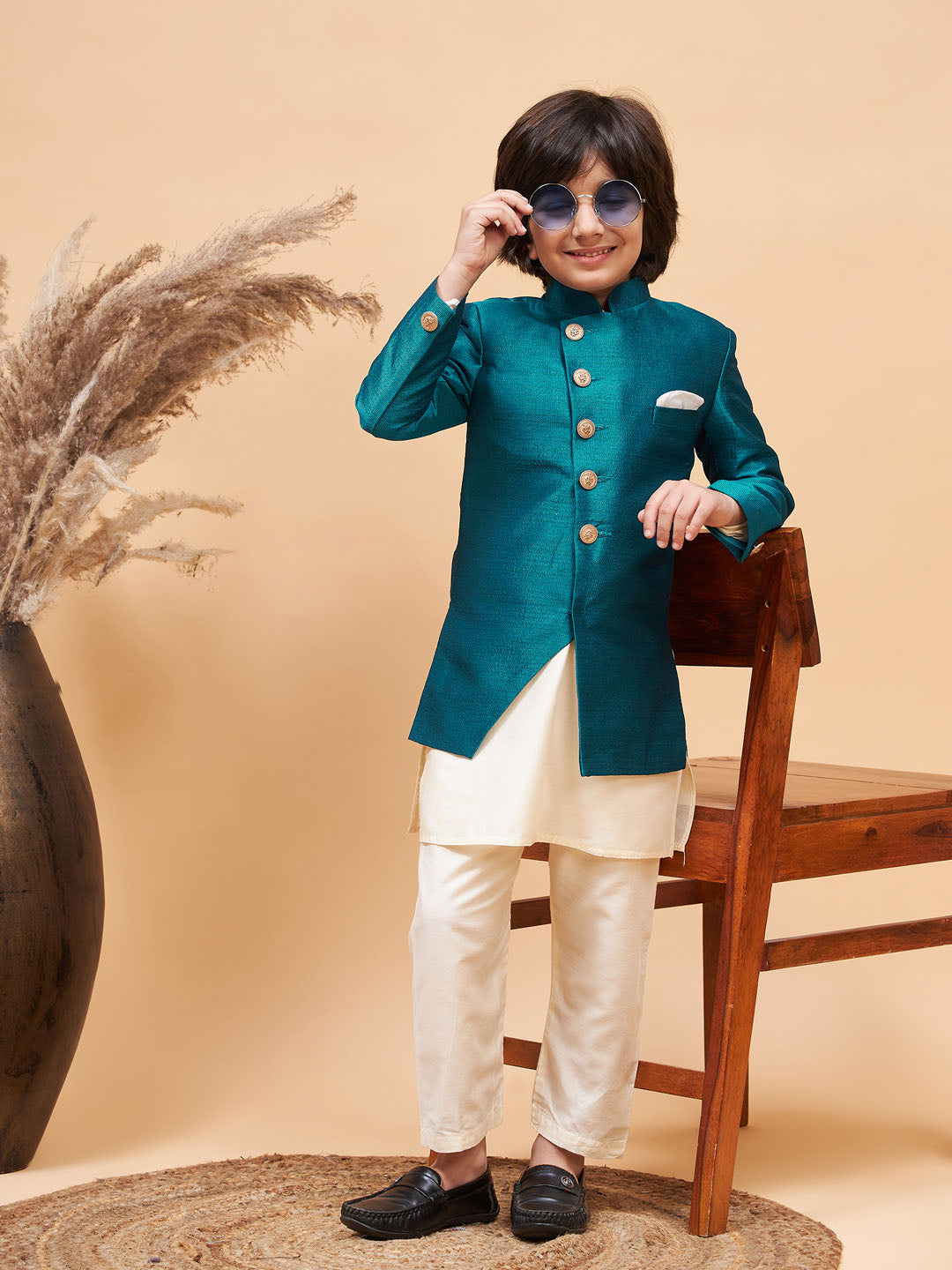 Vastramay boys turquoise indo western jacket with cream kurta and pyjama set