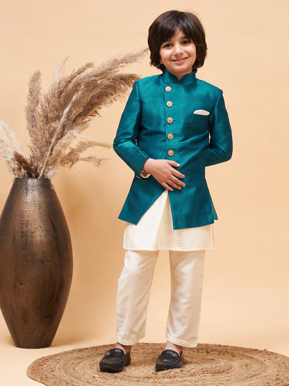 Vastramay boys turquoise indo western jacket with cream kurta and pyjama set