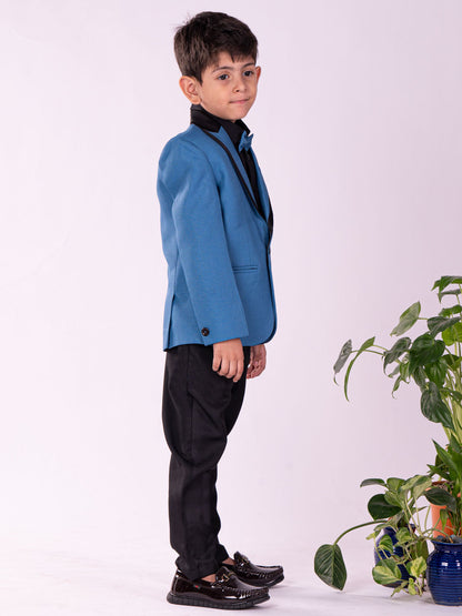 Vastramay Boy's Black And Turquoise Shirt Blazer And Pant