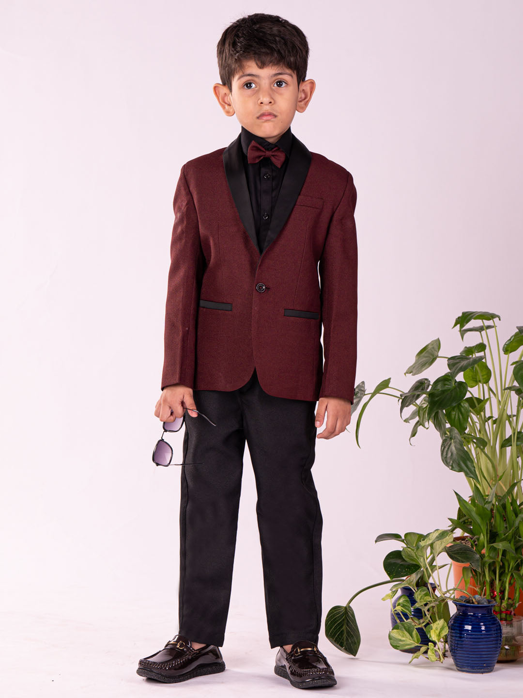 VASTRAMAY Boys' Black And Maroon Shirt Blazer And Pant